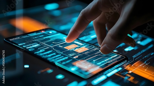 Futuristic Digital Technology Interface with Touchscreen Controls and Circuit Components