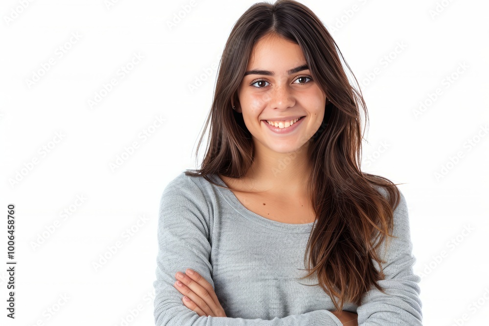 Young woman with a cheerful expression and folded arms, white background , background blur