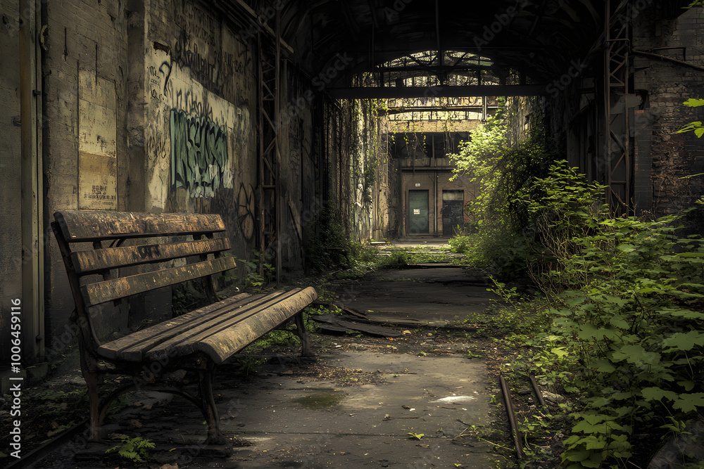 Fototapeta premium Abandoned bench in a forgotten urban alley overgrown with plants, evoking a sense of decay, urban exploration, and nature reclaiming forgotten spaces. Perfect for dystopian and moody scenes