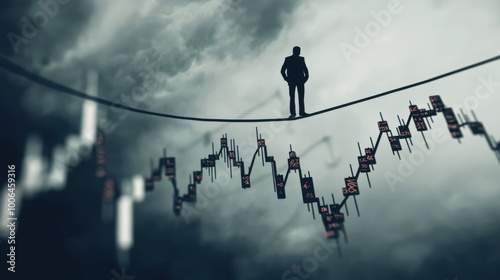Balance on a Knife-Edge: A stock market graph depicted as a tightrope, stretching across a dark, stormy sky