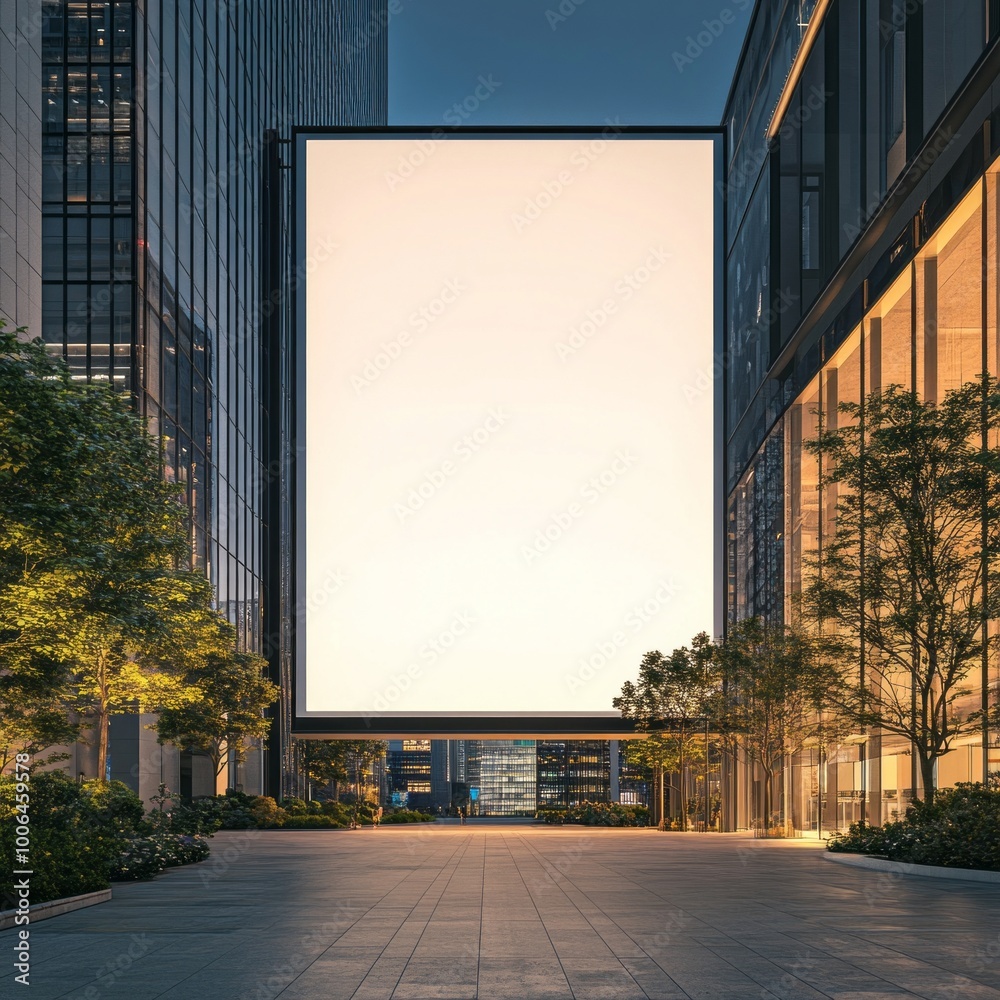 ##  Modern Office Building with Blank Billboard in Cityscape