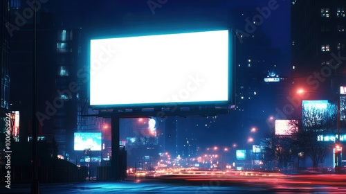 Blank Billboard in a City at Night