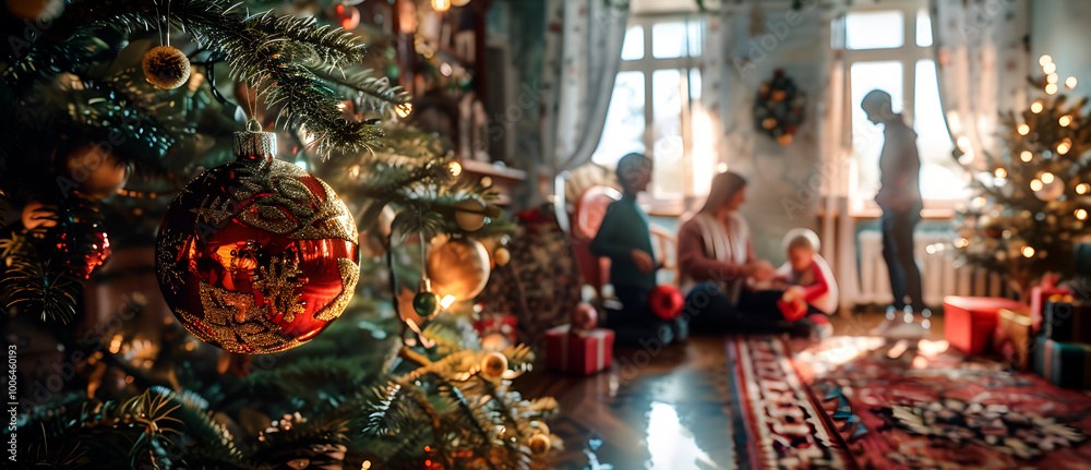 Imagen de una casa en navidad con un árbol navideño enfocado Imagen de una casa en navidad con un árbol navideño enfocado
