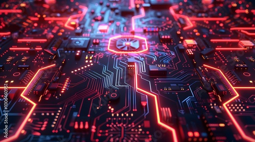 A close-up of a futuristic circuit board with glowing red and blue lines and a central processor.