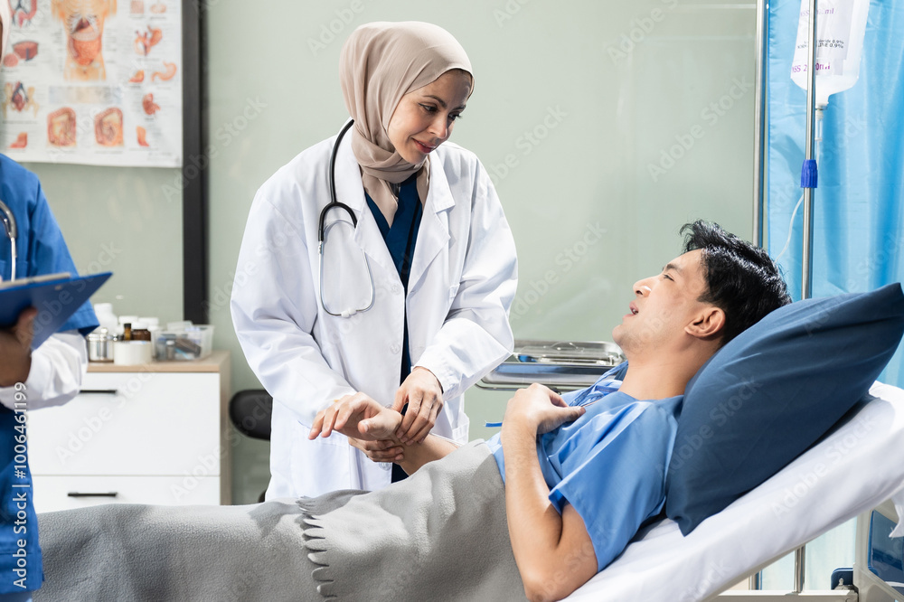 doctor talking with man patient for monitoring and check up after surgery. doctor touching patient hand and consoling. doctor talking with man patient for monitoring and check up after surgery. doctor touching patient hand and consoling.