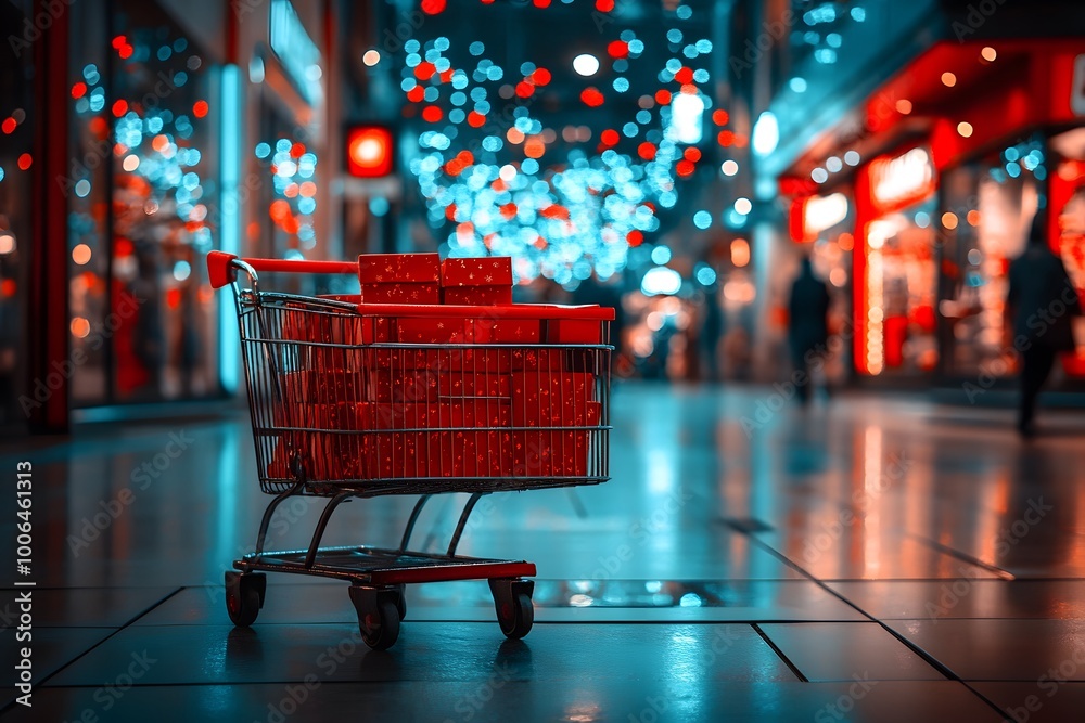 Shopping Cart with Gifts in Festive City Lights Shopping Cart with Gifts in Festive City Lights