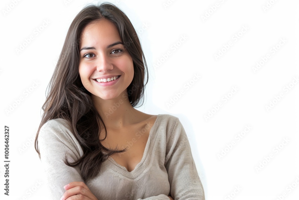 Young woman with arms crossed and a joyful smile, isolated on white , background blur Young woman with arms crossed and a joyful smile, isolated on white , background blur