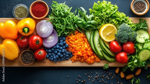 Healthy vegan lunch spread featuring colorful salads and natural remedies, symbolizing nourishment from nature