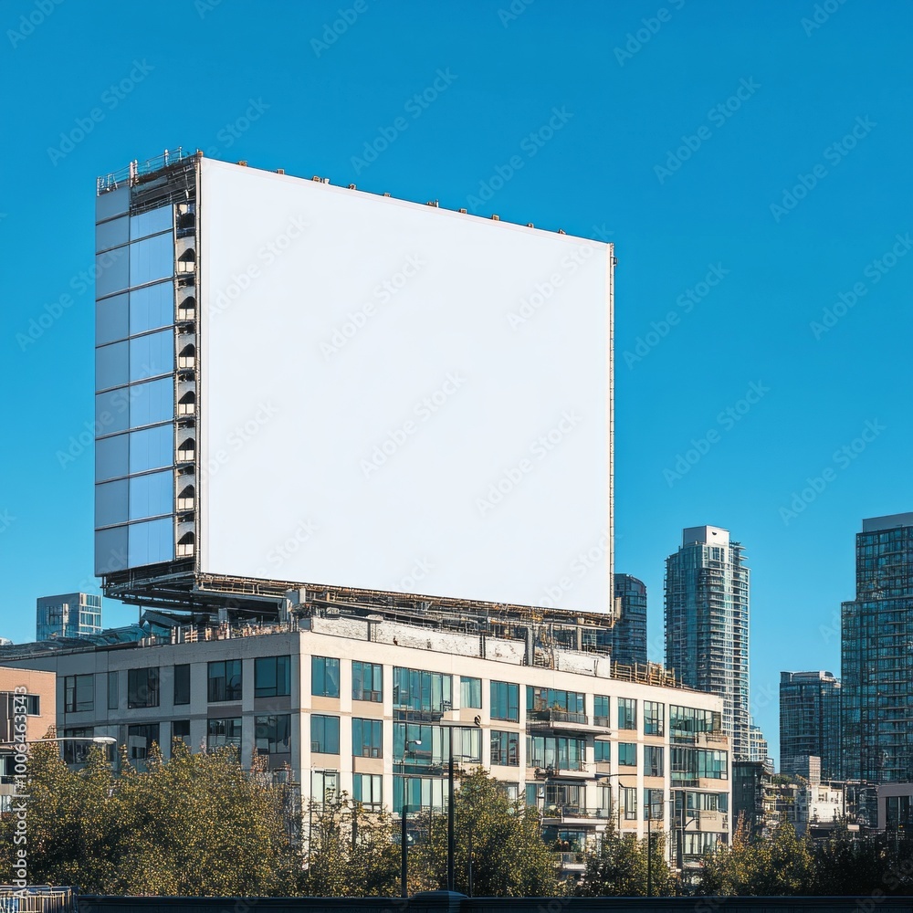 Blank Billboard on Modern Office Building with City Skyline Blank Billboard on Modern Office Building with City Skyline