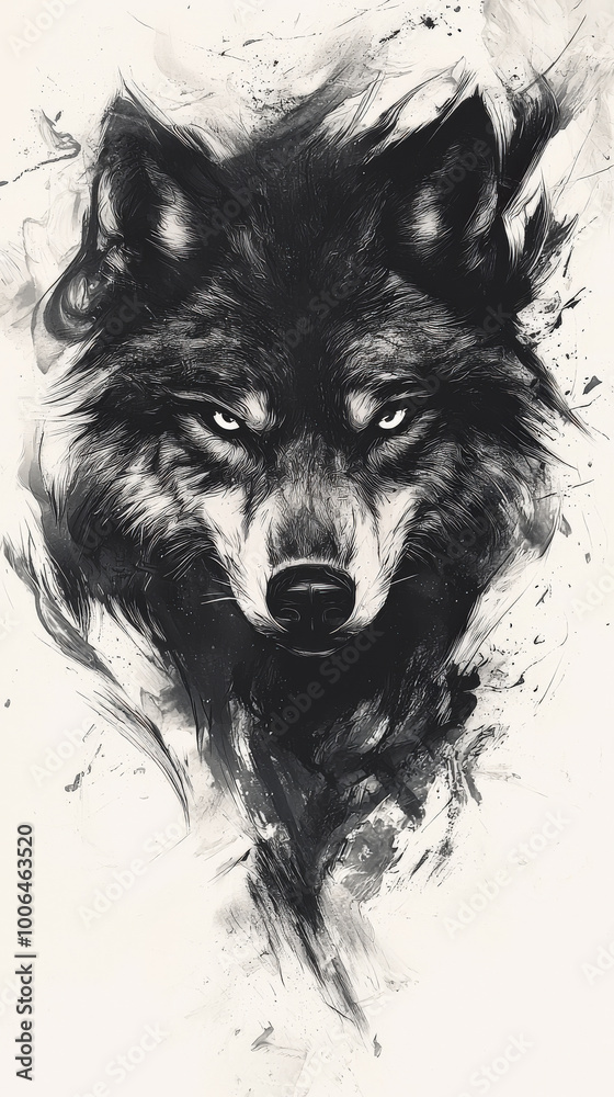 Intricate ink illustration of wolfs head, showcasing fierce eyes and dynamic brush strokes. This artwork captures essence of wildness and strength Intricate ink illustration of wolfs head, showcasing fierce eyes and dynamic brush strokes. This artwork captures essence of wildness and strength