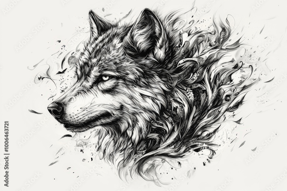 Fototapeta A striking black and white illustration of wolfs head, surrounded by intricate tribal flames and swirling patterns, evokes sense of wild beauty and strength