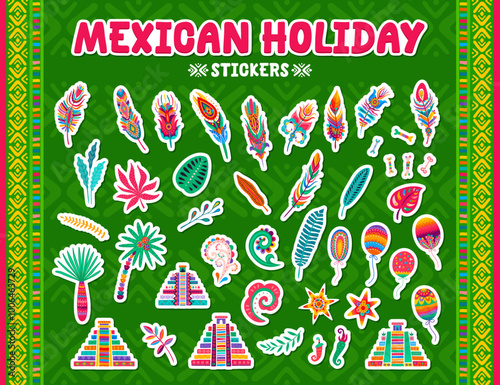 Mexican feathers, pyramids and bones, pinata and flowers stickers, vector icons. Mexican holiday cartoon stickers of Aztec or Maya pyramid, chili and jalapeno pepper with maracas and tropical plants