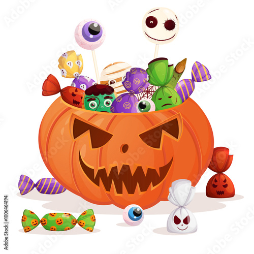 Halloween scary pumpkin bucket with spooky sweets. Trick or treat party poster element isolated on white.