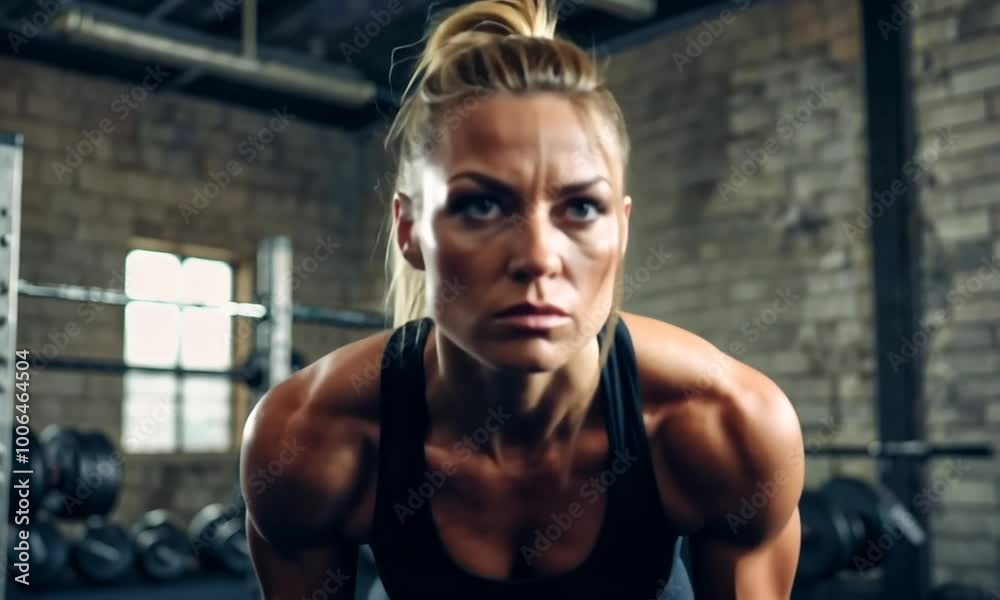 In a rustic gym setting, a dedicated fitness enthusiast focuses on her strength training routine, showcasing determination and power while sculpting her physique In a rustic gym setting, a dedicated fitness enthusiast focuses on her strength training routine, showcasing determination and power while sculpting her physique