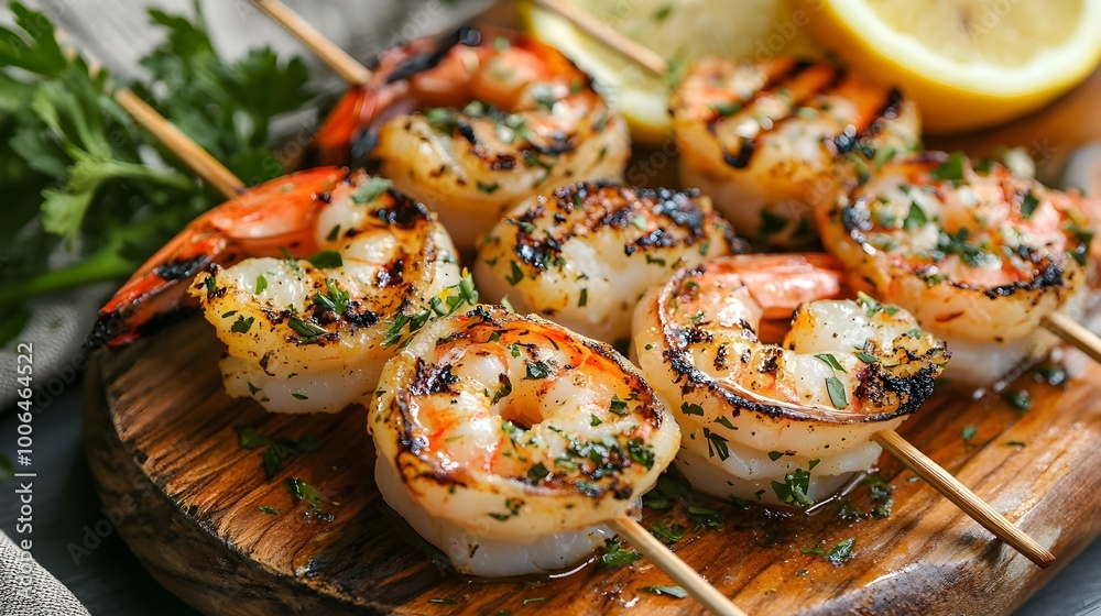 Grilled Shrimp Skewers with Charred Marks and Fresh Herbs on Wooden Platter Grilled Shrimp Skewers with Charred Marks and Fresh Herbs on Wooden Platter