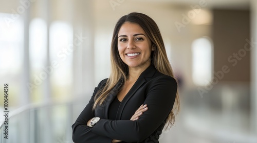 A confident Latina businesswoman stands with arms crossed in a spacious office. Her warm smile and professional attire highlight her authority and approachability in a modern workspace