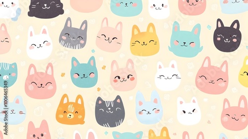 Adorable Cartoon Animals in Pastel Colored Repeating Pattern