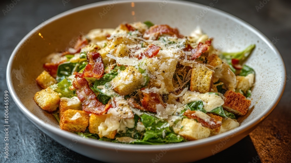 Delicious Caesar salad with crispy bacon and crunchy croutons, served in a white bowl, topped with parmesan cheese and creamy dressing. Delicious Caesar salad with crispy bacon and crunchy croutons, served in a white bowl, topped with parmesan cheese and creamy dressing.