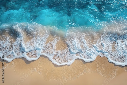 aerial view of ocean waves gently rolling onto a sandy beach capturing the essence of summer vacations with its vibrant blues and whites creating a peaceful and inviting atmosphere