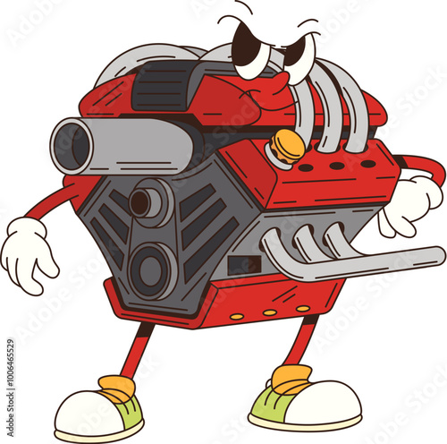 Cartoon retro groovy car engine character. Isolated vector engine, fun and nostalgic automotive personage features colorful parts and components, showing confident and cool pose with expressive eyes