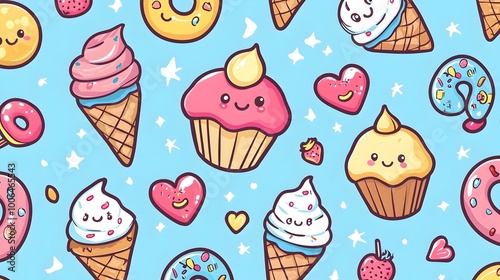 Kawaii-Style Treats Arranged in Playful Repeating Pattern photo