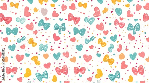 Repeating Colorful Heart and Bow Pattern for Cheerful Wrapping Paper Design