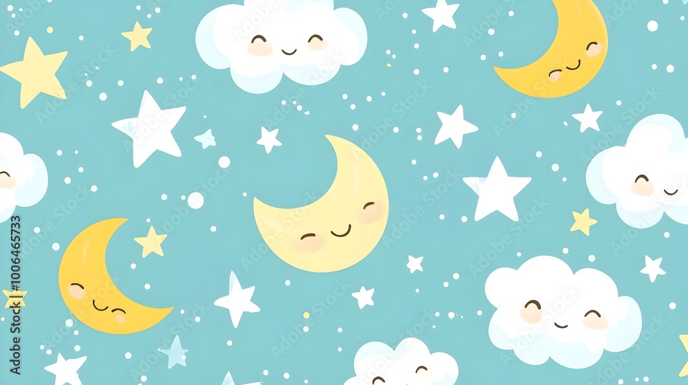 Obraz premium Magical Celestial Pattern with Smiling Stars and Moons on Soft Cloud Background