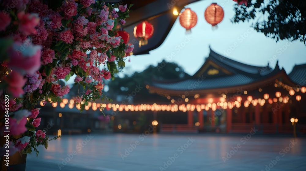 The entrance of a beautifully decorated temple features vibrant floral garlands and traditional lanterns, creating a festive atmosphere in a tranquil courtyard The entrance of a beautifully decorated temple features vibrant floral garlands and traditional lanterns, creating a festive atmosphere in a tranquil courtyard