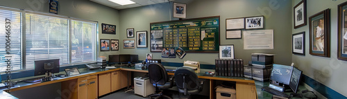 Athletic Director's Office Wall: Displaying sports team photos, game schedules, and a board with athletic program goals photo