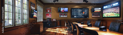 Athletic Director's Office Wall: Displaying sports team photos, game schedules, and a board with athletic program goals photo