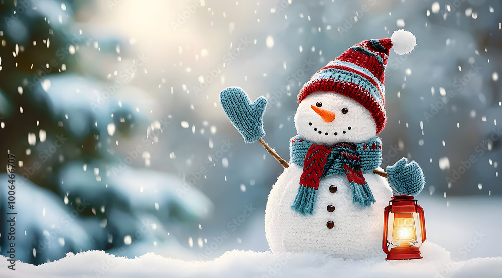 A cute, smiling snowman standing in the middle of white snow, wearing a hat and scarf, with a beautiful winter background of falling snowflakes,
with copy space for text. A cute, smiling snowman standing in the middle of white snow, wearing a hat and scarf, with a beautiful winter background of falling snowflakes,
with copy space for text.