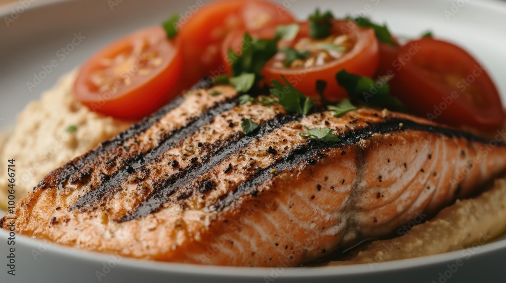 Delicious grilled salmon steak with hummus and fresh tomatoes, close-up on a white plate, ready for a gourmet meal. Delicious grilled salmon steak with hummus and fresh tomatoes, close-up on a white plate, ready for a gourmet meal.