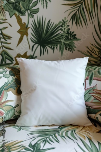 Plain white cushions on a tropical patterned sofa. Pillow mockup