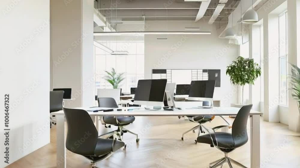 Modern office space featuring desks, computers, and plants in a bright environment.