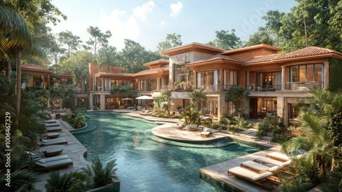 Luxurious resort with a pool surrounded by tropical greenery.