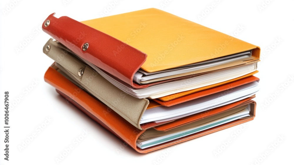 Three folders in varying sizes stacked on a bright white background, emphasizing versatility in document organization Three folders in varying sizes stacked on a bright white background, emphasizing versatility in document organization