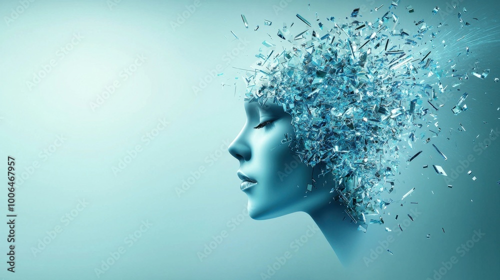 Crystalized Identity: A human figure made of glass shards, with some shards breaking away and new, brighter shards forming, symbolizing breaking through old habits to form a stronger Crystalized Identity: A human figure made of glass shards, with some shards breaking away and new, brighter shards forming, symbolizing breaking through old habits to form a stronger