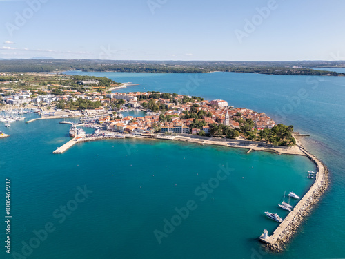 Aerial drone photo of the coastal town of Novigrad in Istria, Croatia.