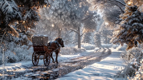 Winter Horse-Drawn Carriage in Snowy Forest photo