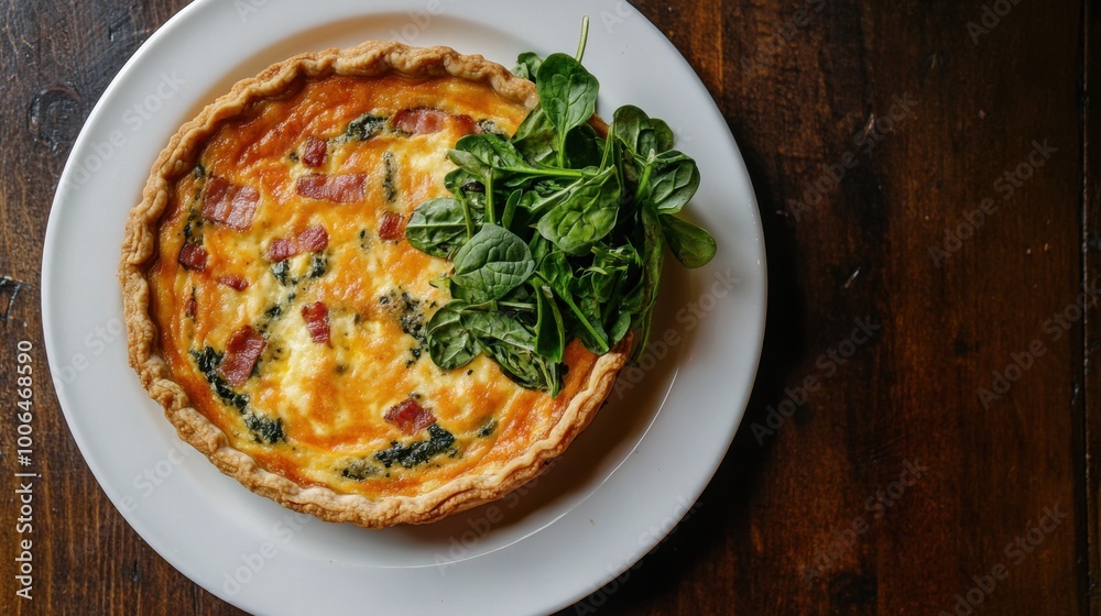 Delicious Quiche Lorraine, filled with crispy bacon and fresh spinach, captured from above on a white plate. Delicious Quiche Lorraine, filled with crispy bacon and fresh spinach, captured from above on a white plate.
