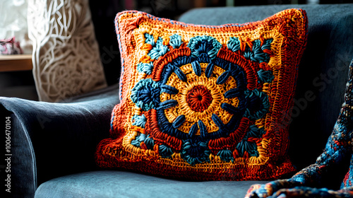 Intricate Crochet Pillow Cover with Colorful Design photo