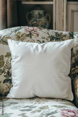 Plain white cushions on a floral sofa. Pillow mockup