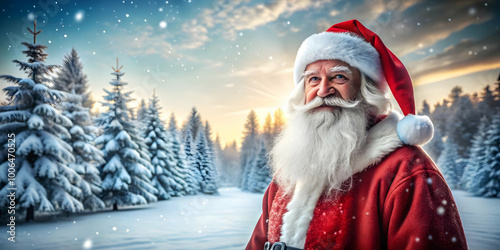 Santa's Winter Wonderland: Scenic Landscape Background with Glossy Snow and Trees, Perfect for Festive Text Overlay in Photo Stock