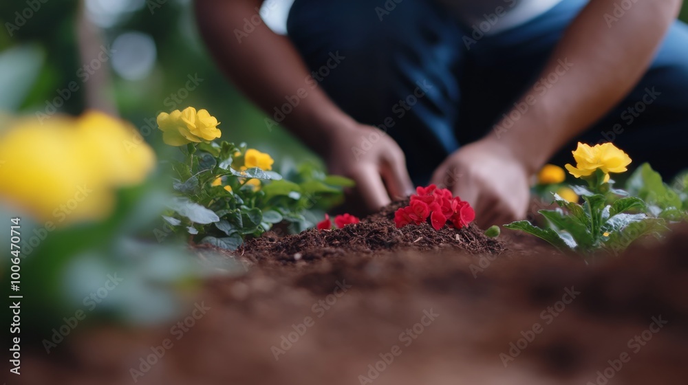 A gardener is kneeling beside a flower bed, carefully spreading shredded wood mulch around bright red and yellow flowers in rich soil, enhancing sustainability in gardening A gardener is kneeling beside a flower bed, carefully spreading shredded wood mulch around bright red and yellow flowers in rich soil, enhancing sustainability in gardening