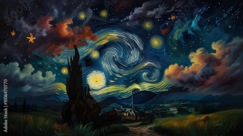 Starry Night Sky with Swirling Clouds and Bright Stars Over Village Landscape