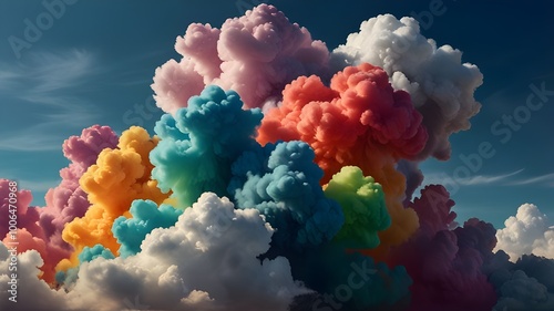 Vibrant Multicolored Smoke Clouds Floating in Clear Blue Sky Creating a Dreamlike Atmosphere