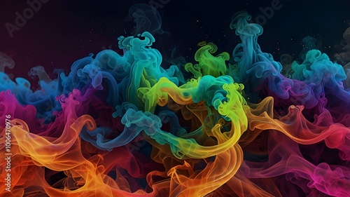 Abstract Swirling Rainbow Smoke Art with Vivid Colors on Dark Background