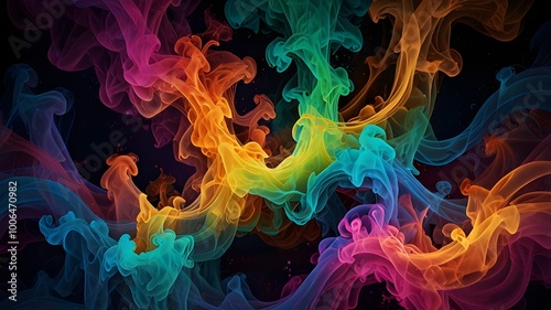 Colorful Abstract Swirling Smoke Art with Vivid Rainbow Hues on Dark Background