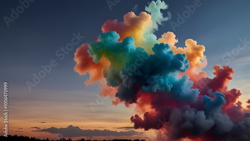 Vibrant Rainbow Smoke Clouds Expanding Into the Sky Creating Dreamlike Atmosphere at Sunset