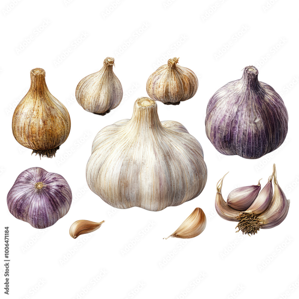 Obraz premium Garlic Bulbs and Cloves Isolated on a Transparent Background